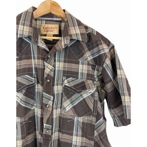 Cowboy Legend Pearl Snap Western‎ Rodeo Shirt Mens L Brown Plaid Short Sleeve